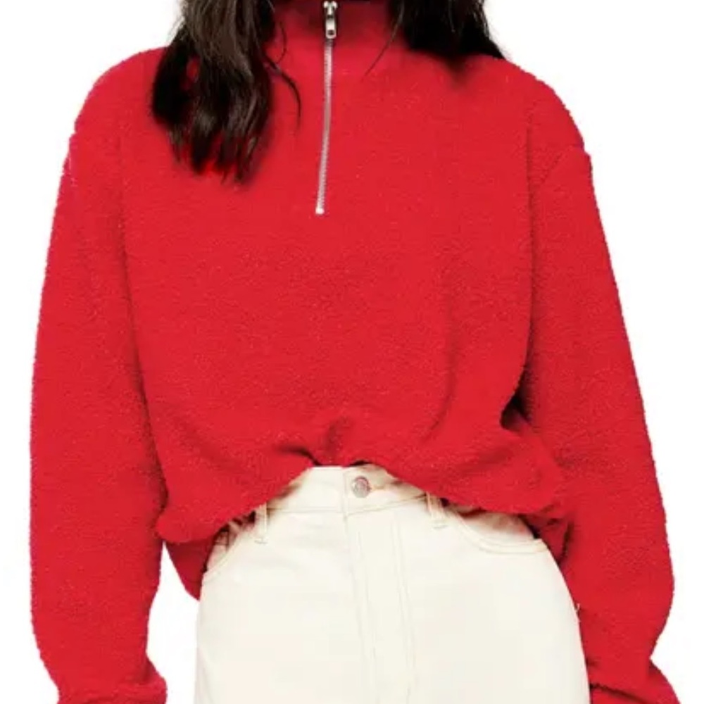 topshop red borg zip funnel sweatshirt